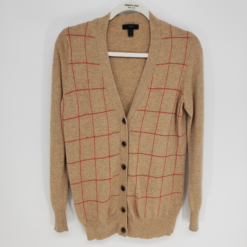 J Crew Windowpane Plaid Cardigan Sweater Womens S Camel Tan Wool Cashmere V-Neck